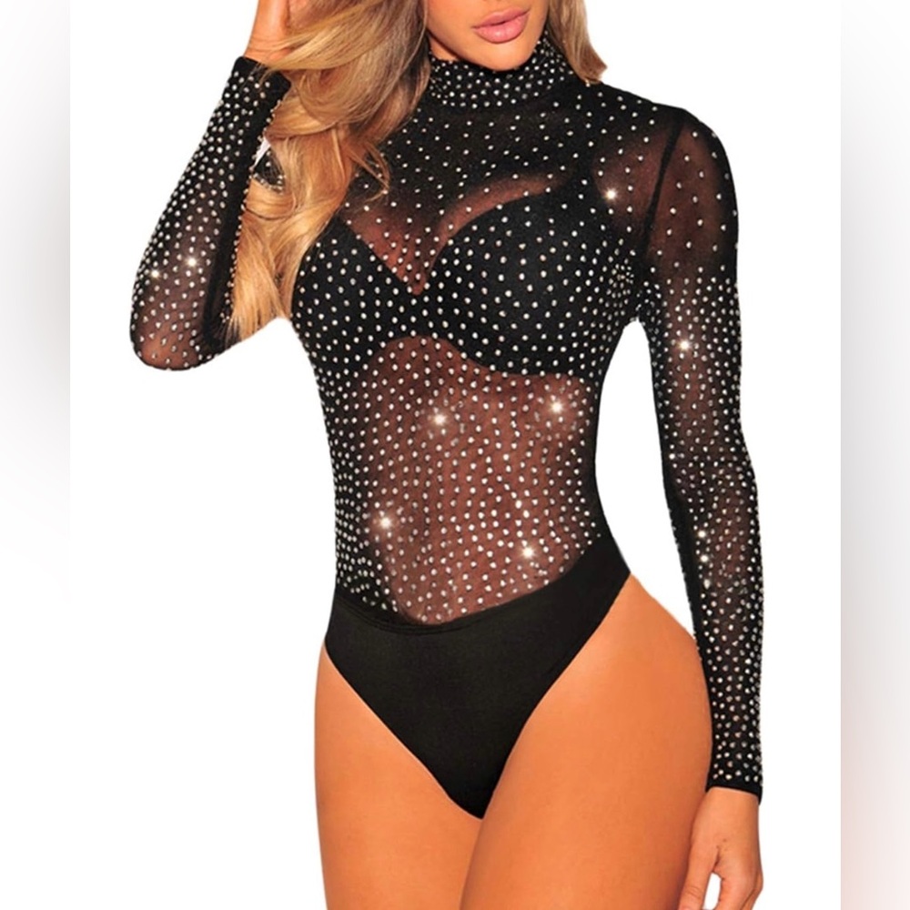 Unbranded Sheer Mesh body suit with mini silver studs Size Small Black